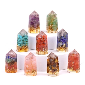 Orgonite Crystal Point Hexagonal Pillar Resin Desktop Ornament Natural Stone Gold Foil Copper Coil Meditation Healing Decor