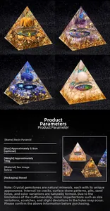 Macro detail of Orgone Pyramid with natural crystals, tree of life, and golden foil