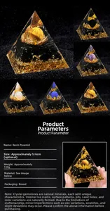 Detailed macro view of 5cm resin pyramid with gold lotus, crystal ball and gold foil