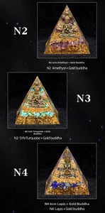 Vertical view of three 6cm Orgone pyramids with Amethyst, Lapis and Ganesha metal statues