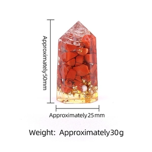 Resin hexagonal crystal pillar with red quartz stones and gold foil flakes, size 50x25mm
