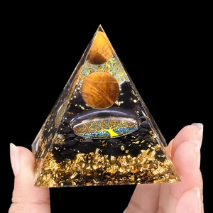 5cm Tiger Eye and Obsidian Orgone Pyramid with Tree of Life for desk decor