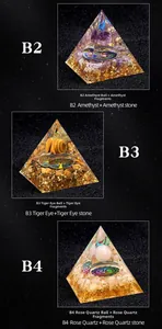 Detailed views of Orgone pyramids with Amethyst, Tiger's Eye, and Rose Quartz crystals