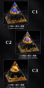 Detailed views of 5cm energy pyramids with metal lotus, gold foil and natural crystals
