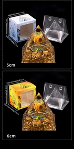 Detail view of 5cm Orgone Pyramid with tree of life and color geometric gift packaging