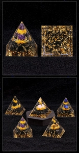 Detailed view of handmade lotus crystal orgone pyramid with gold foil and obsidian base