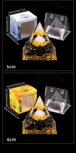 Detail of Orgone pyramid with pink crystal, lotus icon, and black obsidian on a display stand
