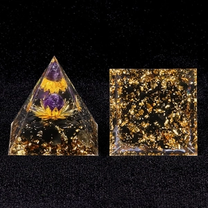 5cm Orgone Pyramid with amethyst sphere, lotus base, obsidian and gold foil accents
