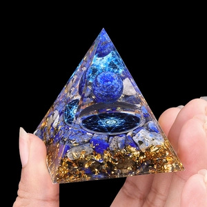 5cm Crystal Orgonite Pyramid with Lapis Lazuli and Gold Foil in hand display