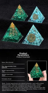 Detail view of 5cm Orgone resin pyramid with natural malachite stones and metal coil