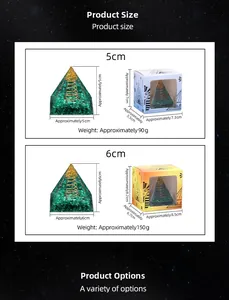 Size comparison chart for malachite orgone pyramid showing 5cm and 6cm dimensions