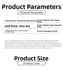 Specifications of crystal pyramid wooden box set showing dimensions and 300g weight details