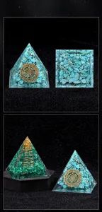 Macro detail of Orgonite Pyramid with natural malachite and golden mandala symbols