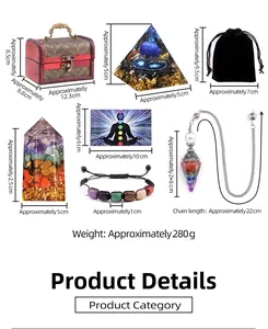 Detailed product specifications for healing crystal set with pyramid and pendulum