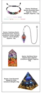 Detailed set of 7 chakra crystal bracelet, dowsing pendulum, hexagonal column and orgone pyramid