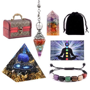 Natural Healing Crystal Meditation Orgonite Pyramid Hexagonal Pillar Pendulum Bracelet With Vintage Wooden Box Chakra Ornament