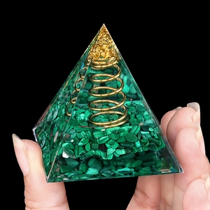 Handmade Orgone Pyramid with natural malachite chips, copper spiral and gold leaf decor