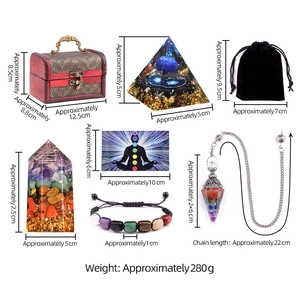 Healing Crystal Set with Orgone Pyramid, Chakra Bracelet, and Wooden Box for Meditation