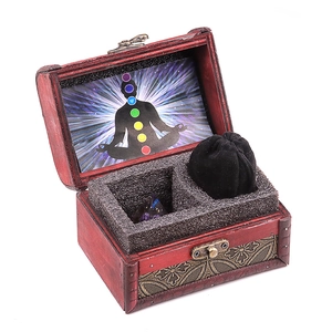 Vintage wooden chakra meditation set with natural crystals, storage box and energy card