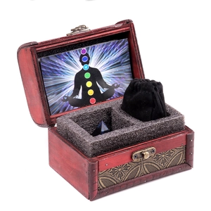 Natural crystal meditation set with pyramid and velvet bag in vintage red wooden box