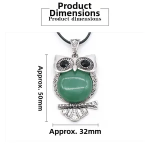 Detailed product dimensions for the silver owl pendant necklace with green gemstone