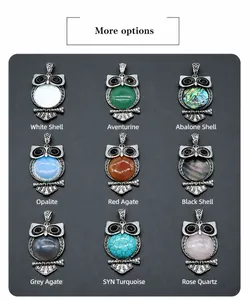 Detailed selection of owl pendants with different natural gemstones and shells