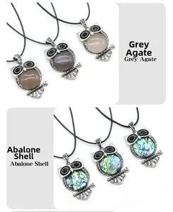 Detail of owl pendant necklace showing grey agate and abalone shell shell inlay textures