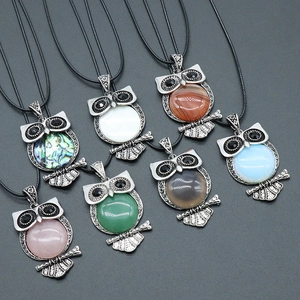 Vintage Owl Pendant Necklace For Women Alloy Inlaid Rose Quartz Aventurine Agate Natural Stone Retro Animal Jewelry Gift