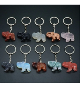Detailed grid view of carved crystal elephant keychains in ten varied natural stones