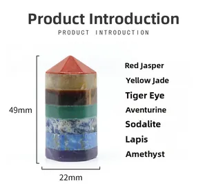 Detail view of 7 chakra stone tower with dimensions 49mm x 22mm showing natural gemstone layers