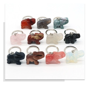 Macro detail of various natural gemstone elephant keychains in 11 colors on white background