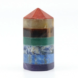 Handcrafted seven chakra crystal hexagonal pillar made from natural gemstones with polished finish