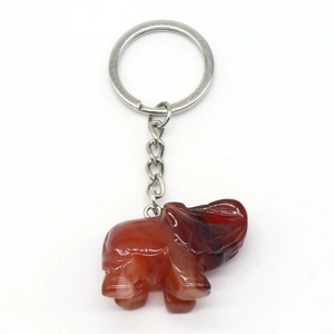 Reddish brown agate elephant keychain carved from natural stone with silver metal ring