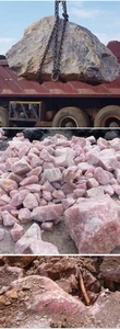 Macro view of raw natural pink crystal stones piled at a professional mining facility