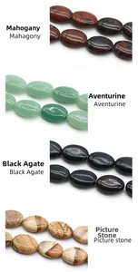 Detail showing four oval natural stone beads: mahogany, aventurine, agate, and picture stone
