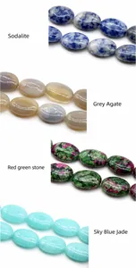 Detail of oval gemstone beads showing textures of Sodalite, Grey Agate and Blue Jade