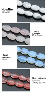 Macro detail of oval egg-shaped beads in Howlite, Rose Quartz, Opal and Cherry Quartz