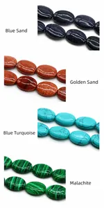 Oval semi-precious stone beads in blue sandstone, goldstone, turquoise, and malachite