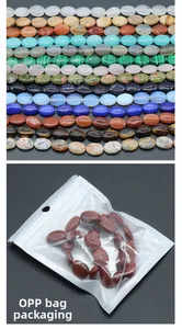 Macro detail of oval gemstones in OPP packaging including tiger eye and malachite beads