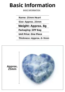 Detail view of 25mm heart-shaped natural crystal stone with blue marble texture and size specs