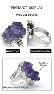Viste dettagliate dell'anello di ametista grezza con fascia argentata regolabile