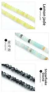 Macro shot of 2x4mm abacus beads in lemon jade, amazonite, and snowflake obsidian