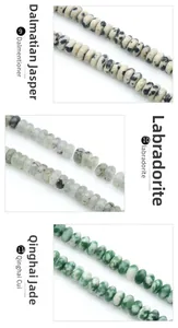 Macro detail of 2x4mm dalmatian stone, labradorite and green jade abacus loose beads