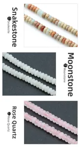 Macro detail of snakesite, moonstone and rose quartz heishi beads for DIY jewelry making