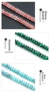 Macro detail of synthetic cherry quartz, malachite, and blue turquoise flat beads