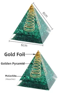 6cm malachite orgone pyramid with gold foil and copper coil detail view