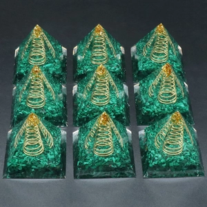 Set of 9 Malachite Orgonite pyramids with copper coils and gold foil energy crystal decor