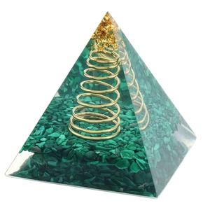 Malachite Orgone energy pyramid with resin, gold foil, and copper coil home ornament