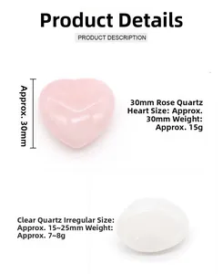 Détails d'un cœur en quartz rose poli et d'un cristal blanc brut avec dimensions