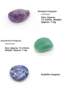 Pierres polies d'améthyste, aventurine et sodalite montrant texture et dimensions